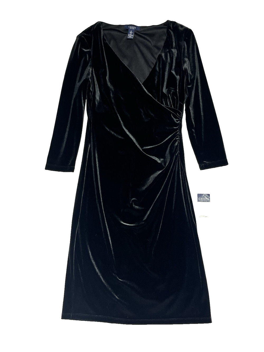 Chaps Velvet Faux Wrap Dress 4 Black V Neck Ruched Classic Cocktail Evening